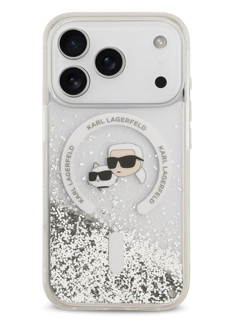 كارل لاغرفيلد جراب ماج سيف السائل اللامع لهاتف آيفون 17 برو ماکس مع رأس كارل وشوبيت /  سهل التركيب / تصميم نحيف / خفيف الوزن / غطاء خلفي شفاف - Image 1