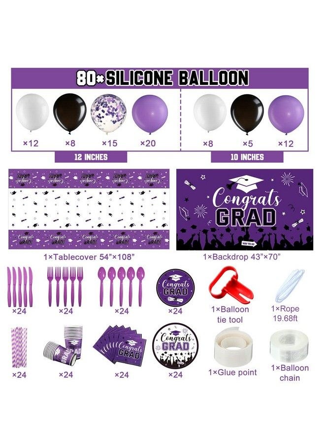 Tatuo 277 Pcs Graduation Decoration Class Of 2023 Party Supplies Kit Congrats Balloons Grad Party Disposable Dinnerware Backdrop Tablecloth For High School College Grad Celebration Serves 24 (Purple)  - Image 3