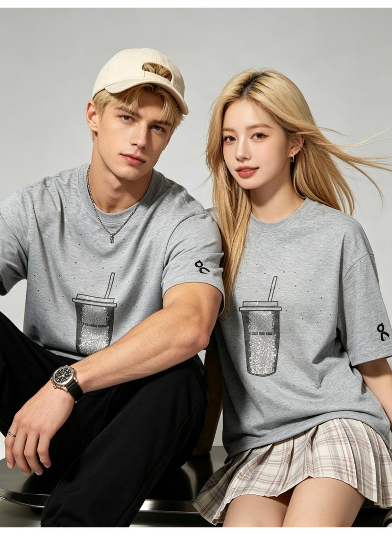 اون راننج On Running Milk tea cups full of rhinestones for men and women in summer cotton loose round neck short sleeve T-shirts. - Image 2