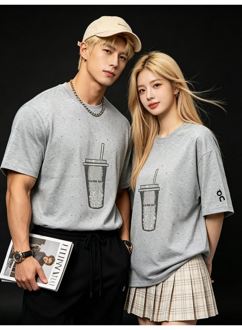 اون راننج On Running Milk tea cups full of rhinestones for men and women in summer cotton loose round neck short sleeve T-shirts. - Image 1