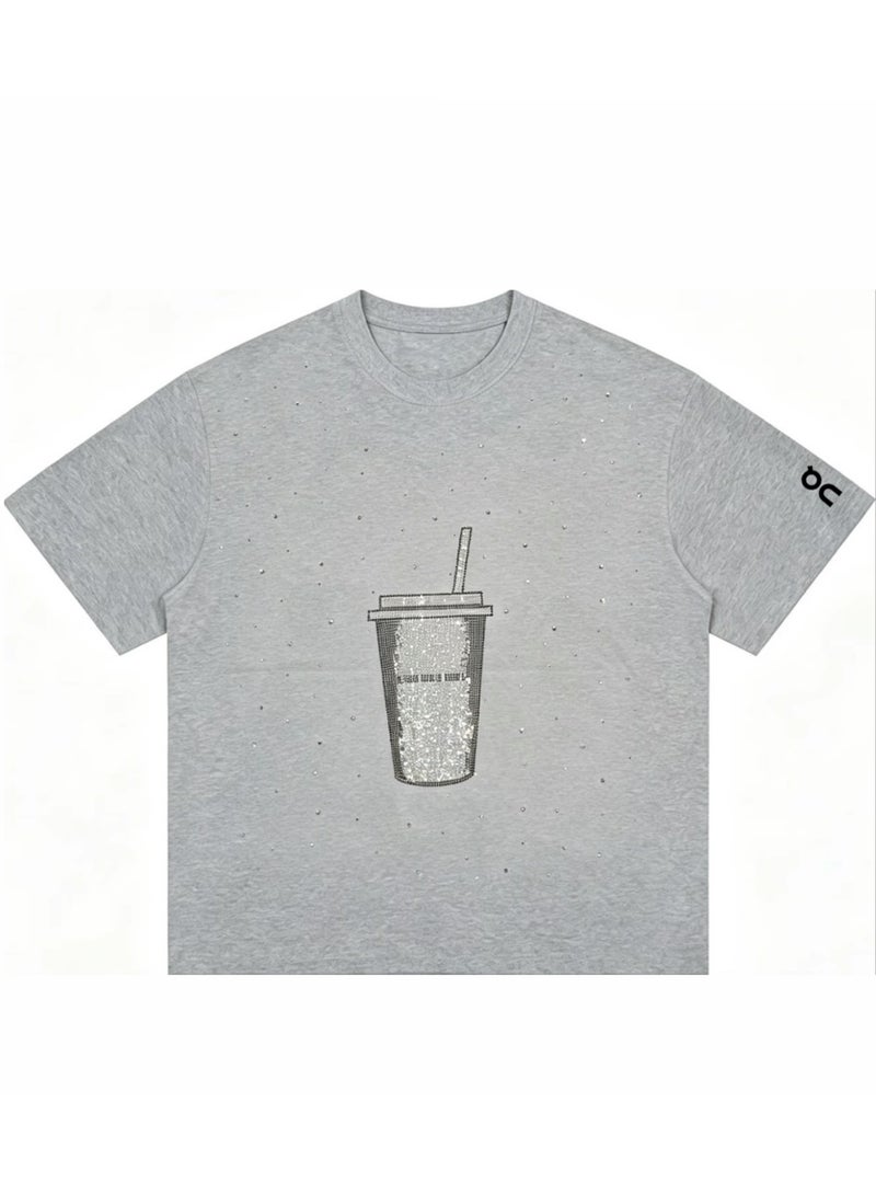 اون راننج On Running Milk tea cups full of rhinestones for men and women in summer cotton loose round neck short sleeve T-shirts. - Image 3