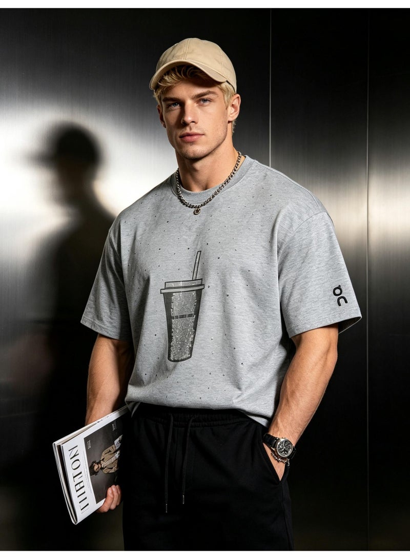 اون راننج On Running Milk tea cups full of rhinestones for men and women in summer cotton loose round neck short sleeve T-shirts. - Image 5
