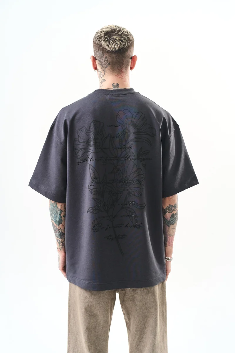 RESPIRE Men's Just Hold Embroidered Oversize T-Shirt, Smoked Grey (Füme)