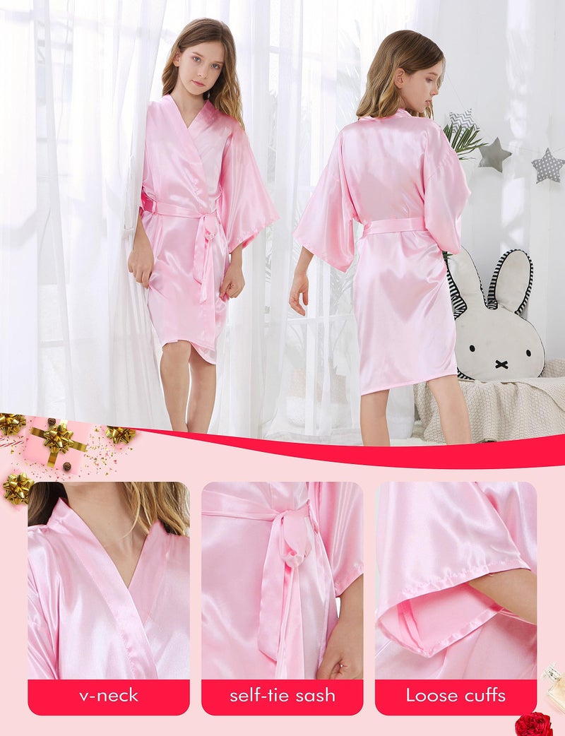 ALHAVONE 12 Pieces Girls Kids Silky Satin Solid Color Short Kimono Robes for Wedding Birthday Party Spa (Pink Set of 12, 12) - Image 5