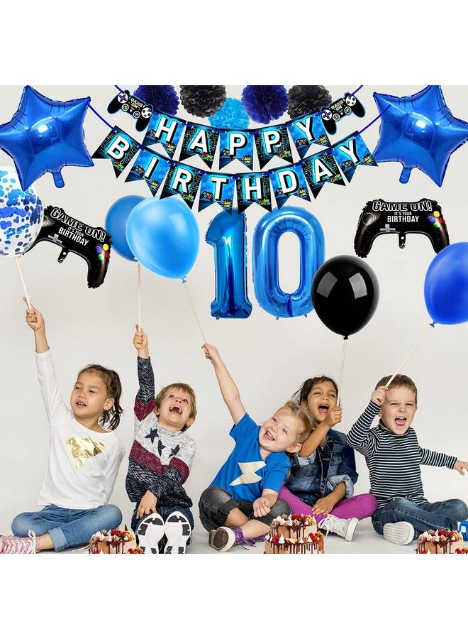 53 Pcs 10Th Birthday Decorations For Boys, Blue Video Game Party Supplies, Include Video Game Happy Birthday Banner,Number 10 Balloon,Pompoms Flowers For Kids Gamer Birthday Decor - Image 4