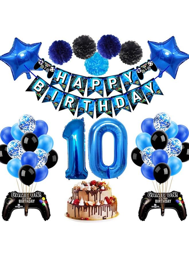 53 Pcs 10Th Birthday Decorations For Boys, Blue Video Game Party Supplies, Include Video Game Happy Birthday Banner,Number 10 Balloon,Pompoms Flowers For Kids Gamer Birthday Decor - Image 2