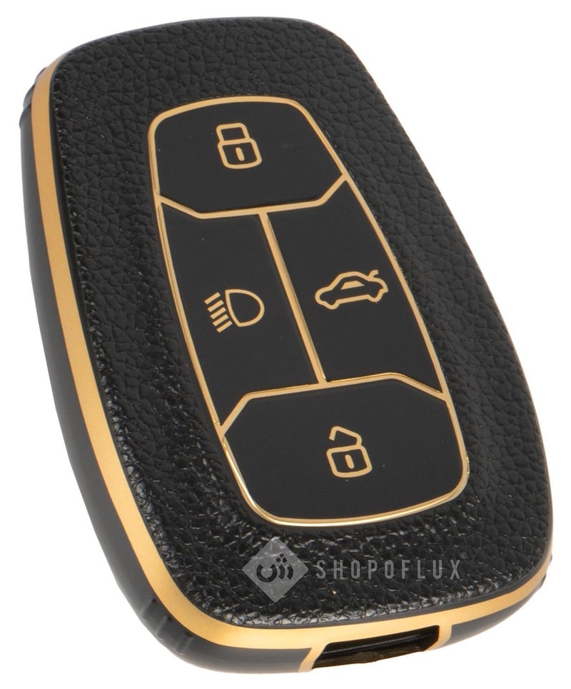 SHOPOFLUX TPU Leather Key Cover Compatible with Tata Nexon | Harrier | Safari | Altroz | Tigor | EV | Punch | Tiago EV Electric 4 Button Smart Key Only (Blue Gold) - Image 1