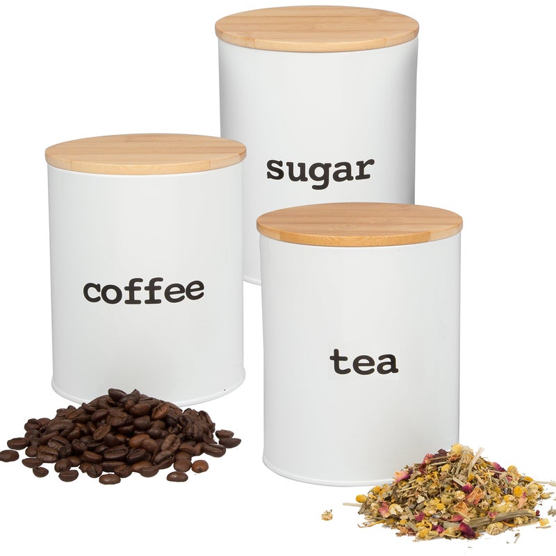 Kitchen Canister Set of 3 Airtight Food Storage Jars with Bamboo Lids Sugar Tea Coffee Containers Pantry Organizer Set Modern Countertop Decor Holiday Gift Idea