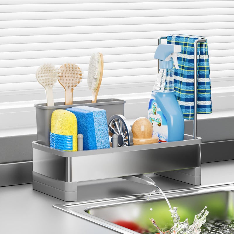 Ewaiira Stainless Steel Sink Caddy Sponge Holder for Kitchen Sink with Brush Holder Dishcloth Rack Rustproof Sink Organizer Countertop Soap Dispenser Kitchen Organizers Storage Essentials Gray98 - Image 2