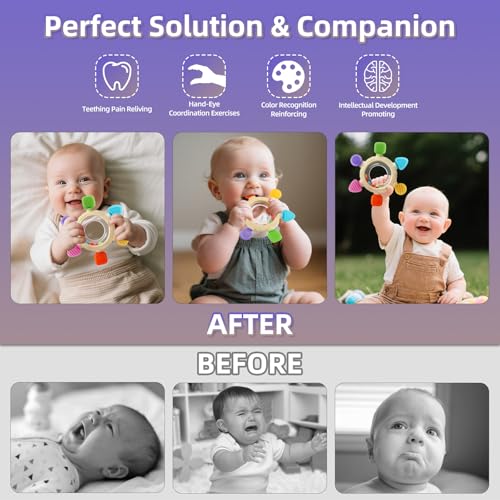 VTECHOLOGY Baby Teething Rings Toys for 0-6 6-12 Months Baby Rattle Teether Sensory Toys for Babies 0-24Months Silicone Teether Relief Chew Soothing Sore Gums for Newborn Infant Essentials BPA Free - Image 5