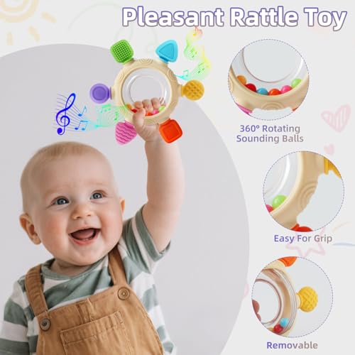 VTECHOLOGY Baby Teething Rings Toys for 0-6 6-12 Months Baby Rattle Teether Sensory Toys for Babies 0-24Months Silicone Teether Relief Chew Soothing Sore Gums for Newborn Infant Essentials BPA Free - Image 3