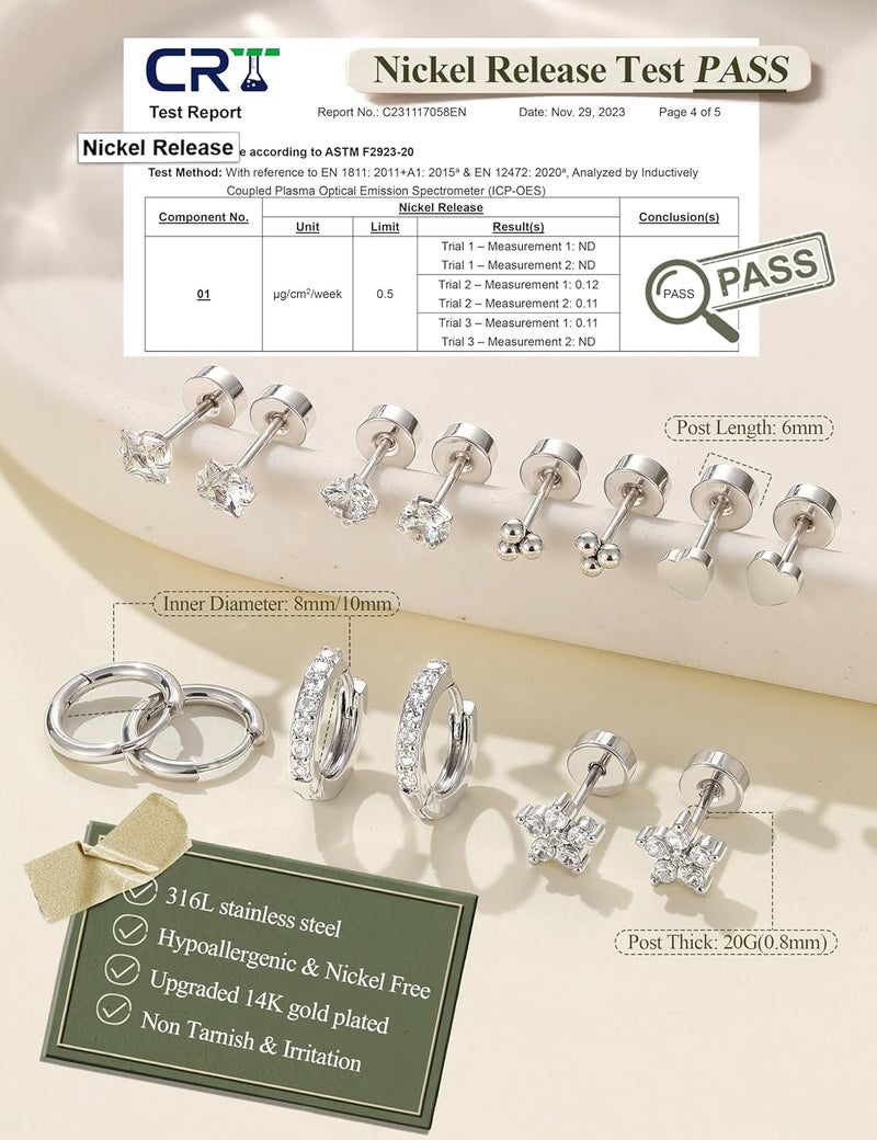 Jstyle Ear jewellery for sensitive ears, hypoallergenic surgical steel, 14K gold, flat back, women, men, small stainless steel stud ring, cartilage set, various piercings - Image 5