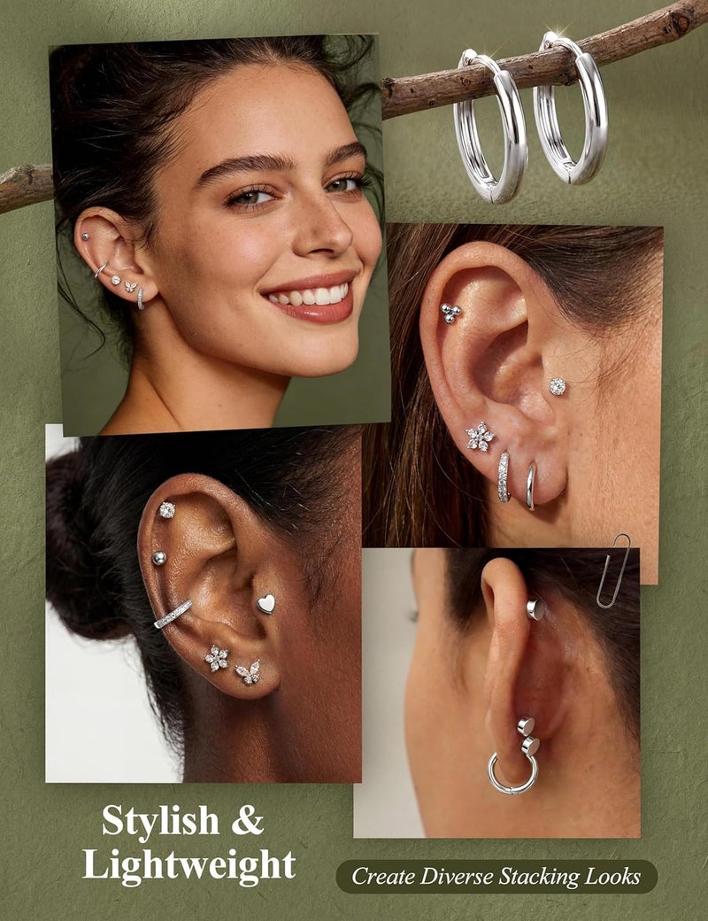 Jstyle Ear jewellery for sensitive ears, hypoallergenic surgical steel, 14K gold, flat back, women, men, small stainless steel stud ring, cartilage set, various piercings - Image 4