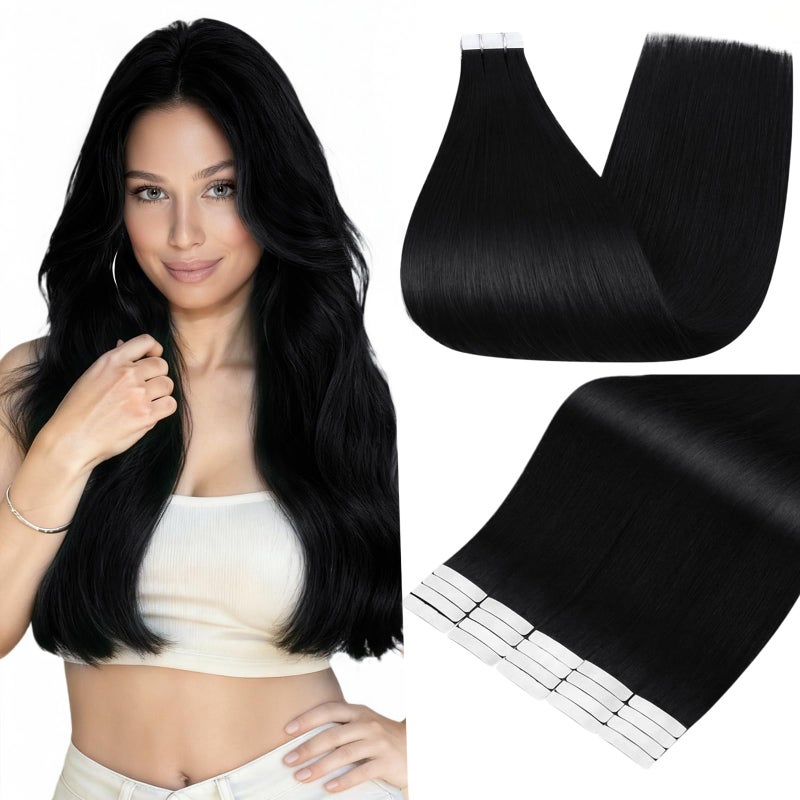 Full Shine Tape in Hair Extensions Human Hair 16 Inch Color 1 Jet Black Invisible Natural Straight Human Hair Tape in Extensions 20PCS Seamless Skin Weft Remy Hair 50g for Women Add Volume