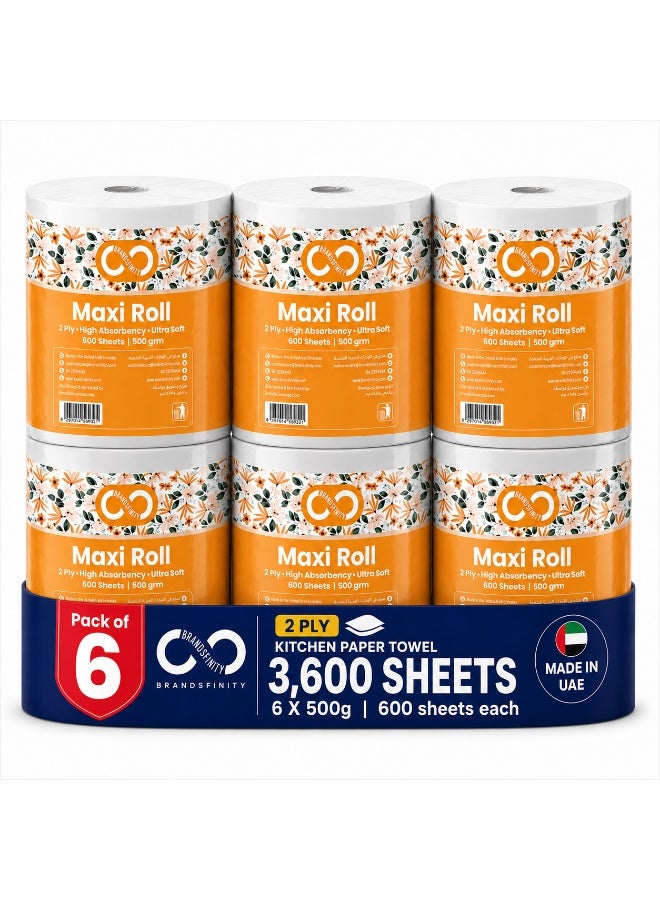 BRANDSFINITY Kitchen Roll Tissue Paper Towel 500g Maxi Roll Contains 6 Packs 600 Diamond Embossed Sheets Higher Absorbency & Ultra Soft Tissue 3600 sheets - Image 1