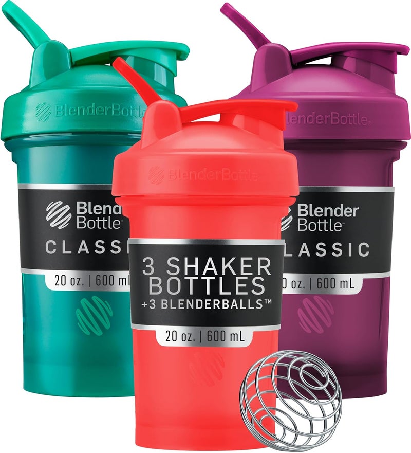 BlenderBottle Blender Bottle Classic V2 Shaker Perfect for Protein Shakes and Pre Workout, 20-Ounce (3 Pack), Red, Green, Plum - Image 1