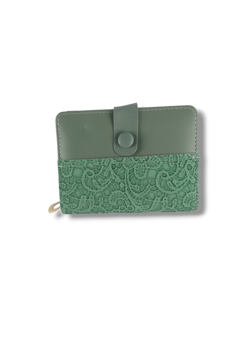 Women's wallet with a modern design and an attractive leaf shape with a snap closure, with a smaller size, in high-quality dual colors, in Green