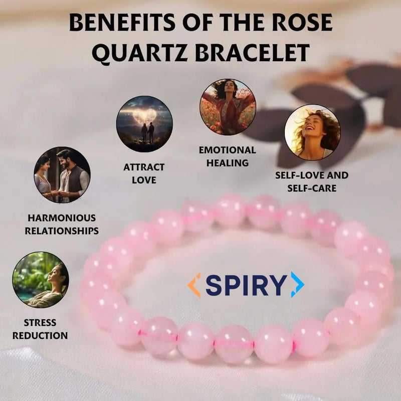 Spiry Rose Quartz Bracelet for Women & Men,Attracts Love, Fame & Luck, Stress Reduction Certified Natural Healing Crystal, Gift For Girlfriend and Boyfriend, Beads Size 8mm - Image 2