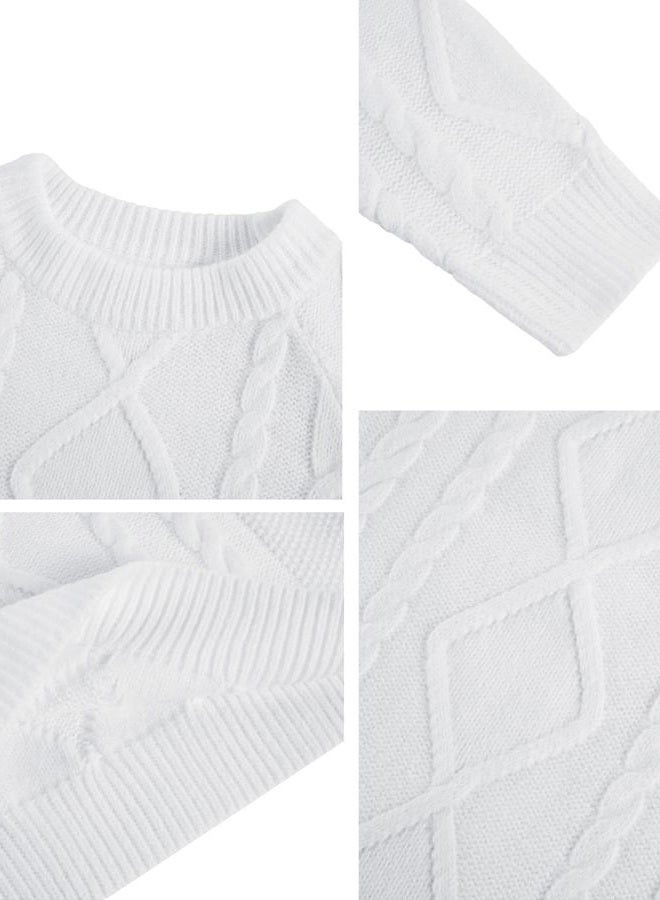 Makkrom Mens Cable Knit Pullover Sweater Winter Crew Neck Long Sleeve Ribbed Vintage Sweaters White - Image 5