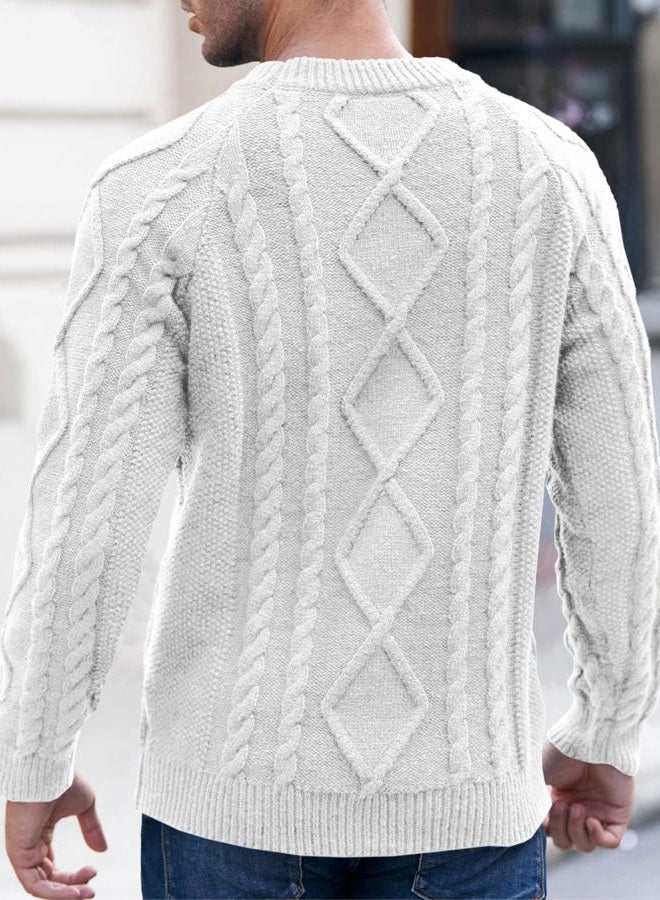 Makkrom Mens Cable Knit Pullover Sweater Winter Crew Neck Long Sleeve Ribbed Vintage Sweaters White - Image 4
