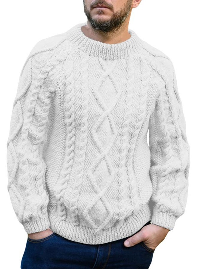 Makkrom Mens Cable Knit Pullover Sweater Winter Crew Neck Long Sleeve Ribbed Vintage Sweaters White - Image 1
