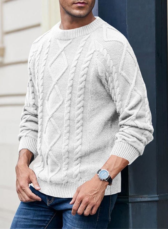 Makkrom Mens Cable Knit Pullover Sweater Winter Crew Neck Long Sleeve Ribbed Vintage Sweaters White - Image 3