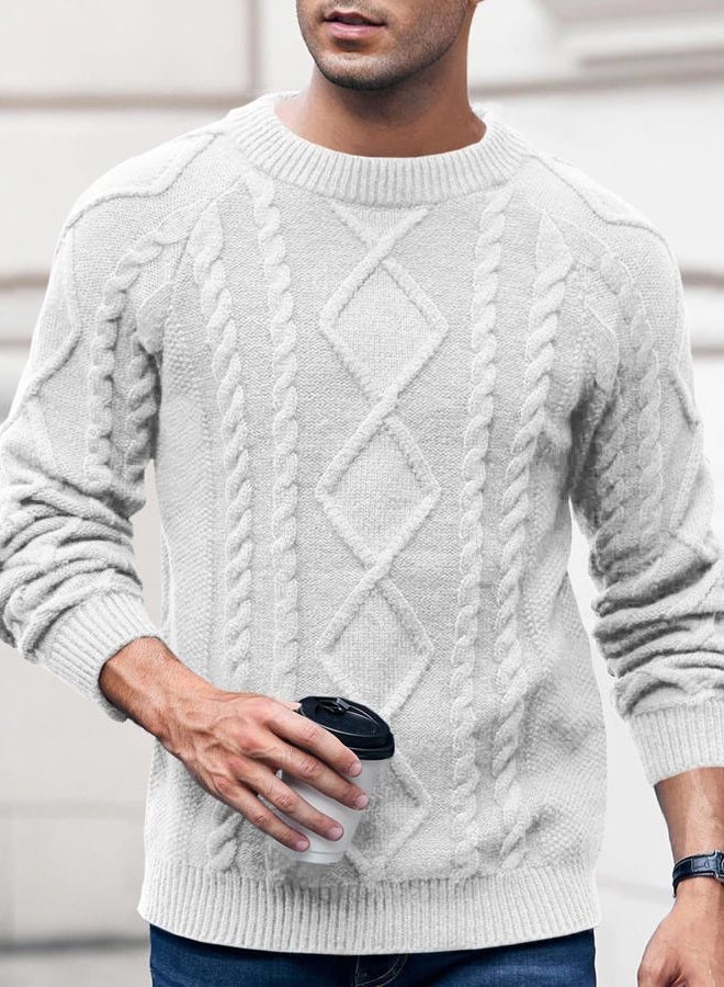 Makkrom Mens Cable Knit Pullover Sweater Winter Crew Neck Long Sleeve Ribbed Vintage Sweaters White - Image 2