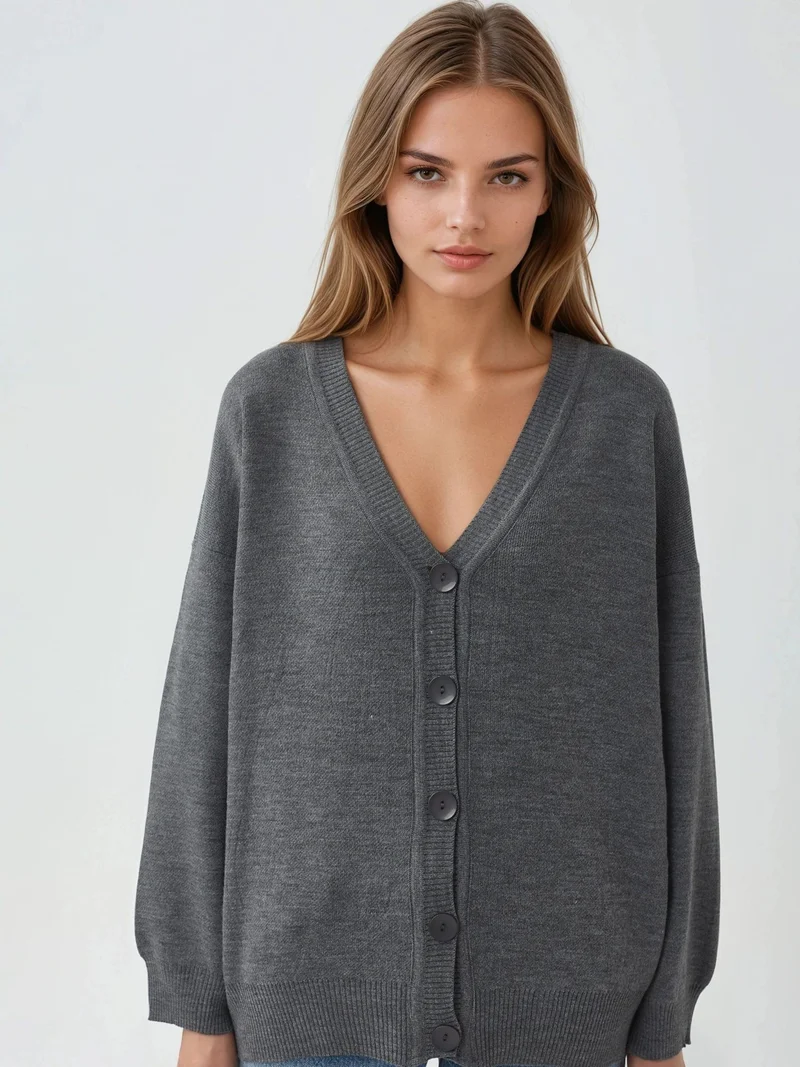 MY FASHION Dark Grey MY FASHION Oversized Ribbed V-Neck Button Cardigan for Women | Best Price UAE
