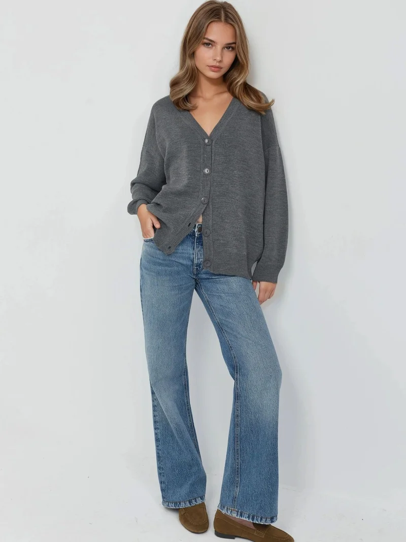 MY FASHION Dark Grey MY FASHION Oversized Ribbed V-Neck Button Cardigan for Women | Best Price UAE