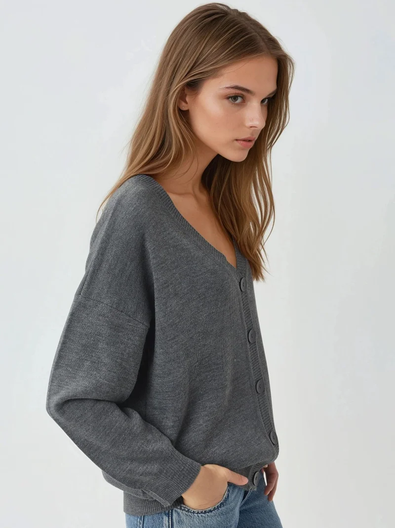MY FASHION Dark Grey MY FASHION Oversized Ribbed V-Neck Button Cardigan for Women | Best Price UAE