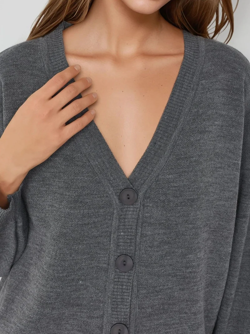 MY FASHION Dark Grey MY FASHION Oversized Ribbed V-Neck Button Cardigan for Women | Best Price UAE