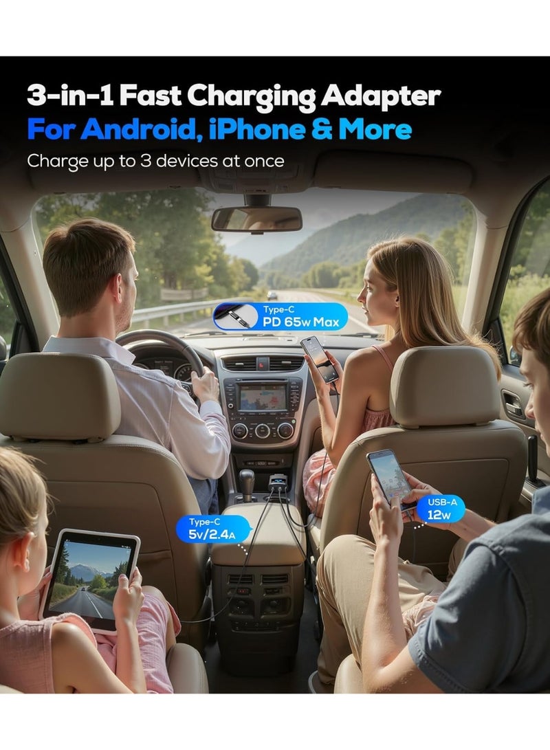 تونكي شاحن سيارة قابل للسحب بقدرة ‎80.5‎ واط، ومحول سيارة بتقنية **Bluetooth 5.3**، مزود بـ **3 منافذ للشحن السريع** (USB-C، USB-A، وموصل لايتنينغ)، مع **جهاز إرسال FM** وميزة **المكالمات بدون استخدام اليدين**، متوافق مع **iPhone** و**Nintendo Switch** والمزيد، (اللون الرمادي). - Image 4