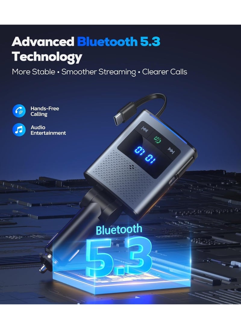 تونكي شاحن سيارة قابل للسحب بقدرة ‎80.5‎ واط، ومحول سيارة بتقنية **Bluetooth 5.3**، مزود بـ **3 منافذ للشحن السريع** (USB-C، USB-A، وموصل لايتنينغ)، مع **جهاز إرسال FM** وميزة **المكالمات بدون استخدام اليدين**، متوافق مع **iPhone** و**Nintendo Switch** والمزيد، (اللون الرمادي). - Image 2