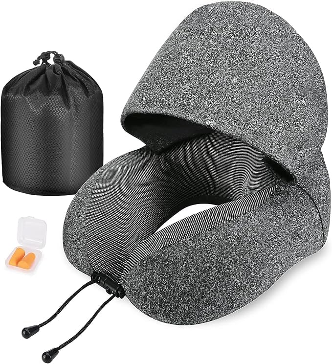PROSFIA PROSFIA Neck Pillow for Travel Memory Foam Travel Pillow with Hood Adult Airplane Pillow for Head Rest Neck Support Portable Pillow for Office Cars Trains Long Flights Sleeping - Image 1