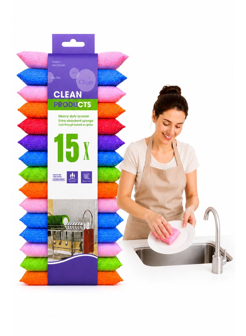 15 Pack Non-Scratch Kitchen Sponges for Dishes, Reusable All-Purpose Cleaning Pads for Non-Stick Cookware, Countertops, Bathroom & Household Cleaning, Colorful - Image 1