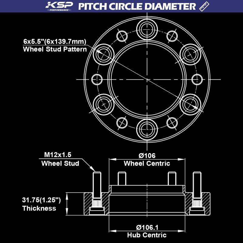 KSP PERFORMANCE KSP 1.25" Wheel Spacers for Tacoma 6 Lug Wheel,4pcs 6x5.5 Hubcentric Spacer fit for 4runner Tundra Fj Cruiser Sequoia,32mm Forged Spacer with 12x1.5 Stud 106mm Center Bore,6x139.7 Aluminum Tire Spacer - Image 2