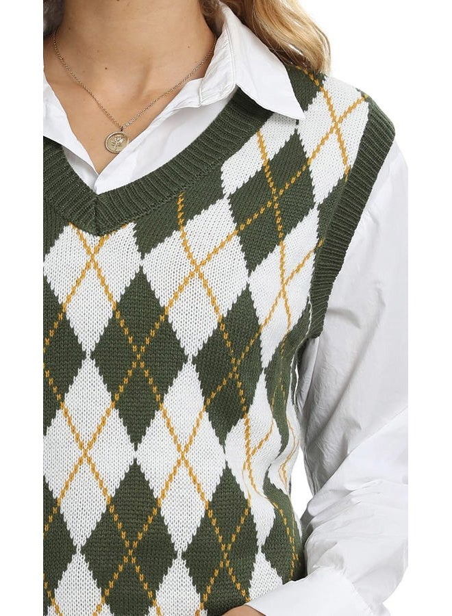 Lailezou Women's V Neck Knit Sweater Vest Argyle Plaid Preppy Style Sleeveless Crop Knitwear Tank Green - Image 4