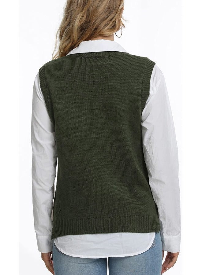 Lailezou Women's V Neck Knit Sweater Vest Argyle Plaid Preppy Style Sleeveless Crop Knitwear Tank Green - Image 5