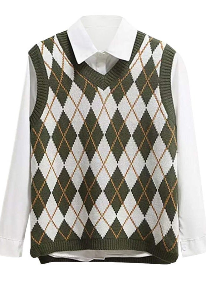 Lailezou Women's V Neck Knit Sweater Vest Argyle Plaid Preppy Style Sleeveless Crop Knitwear Tank Green - Image 1
