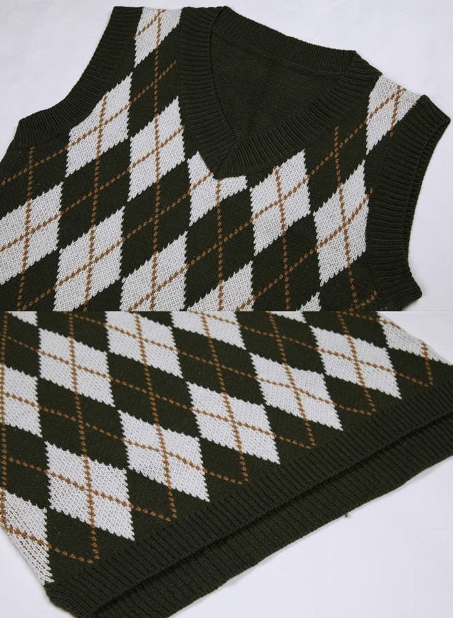 Lailezou Women's V Neck Knit Sweater Vest Argyle Plaid Preppy Style Sleeveless Crop Knitwear Tank Green - Image 3