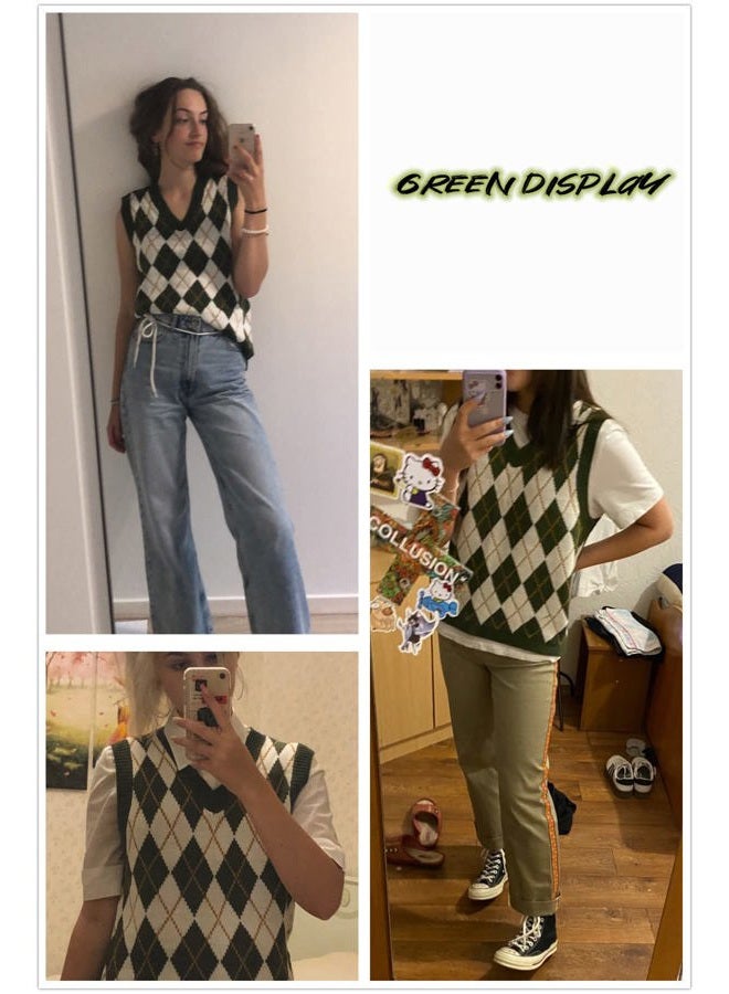 Lailezou Women's V Neck Knit Sweater Vest Argyle Plaid Preppy Style Sleeveless Crop Knitwear Tank Green - Image 2