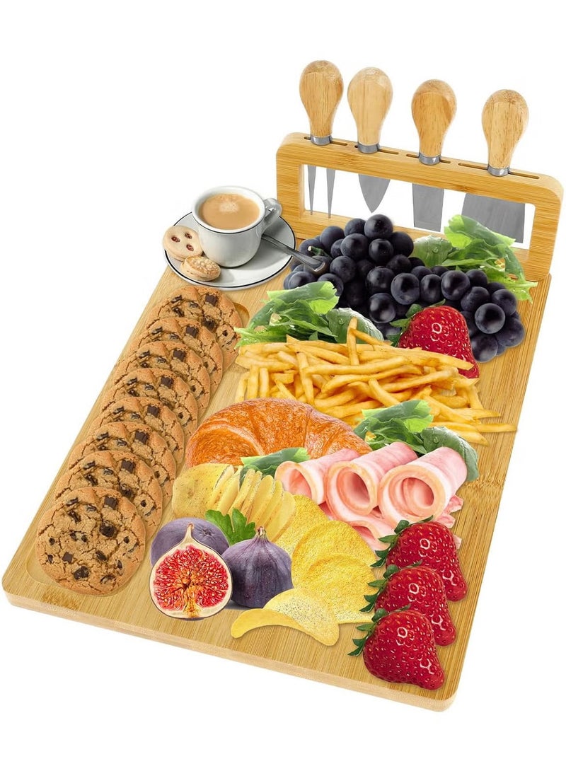 يلا جوي طقم لوح جبن وسكين من الخيزران، لوح تقديم اللحوم الباردة وطبق تقديم اللحوم، طقم لوح جبن كبير، صواني تقديم للحفلات (35.5*28*1.5 سم) - Image 1