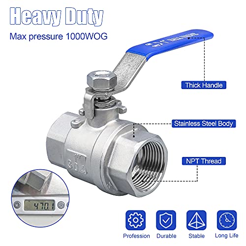ZOUNI 1 Inch Ball Valve, Premium Heavy Duty 304 Stainless Steel Full Port Forged NPT 1" Ball Valve for Water Oil and Gas with Long Handle Shut Off Switch, 1000 WOG (2 pieces, FNPT to FNPT) - Image 5