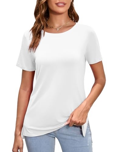 Herou Women Casual Summer Short Sleeve Tops High Low Hem T-Shirts Tees with Side Split White Medium - Image 2