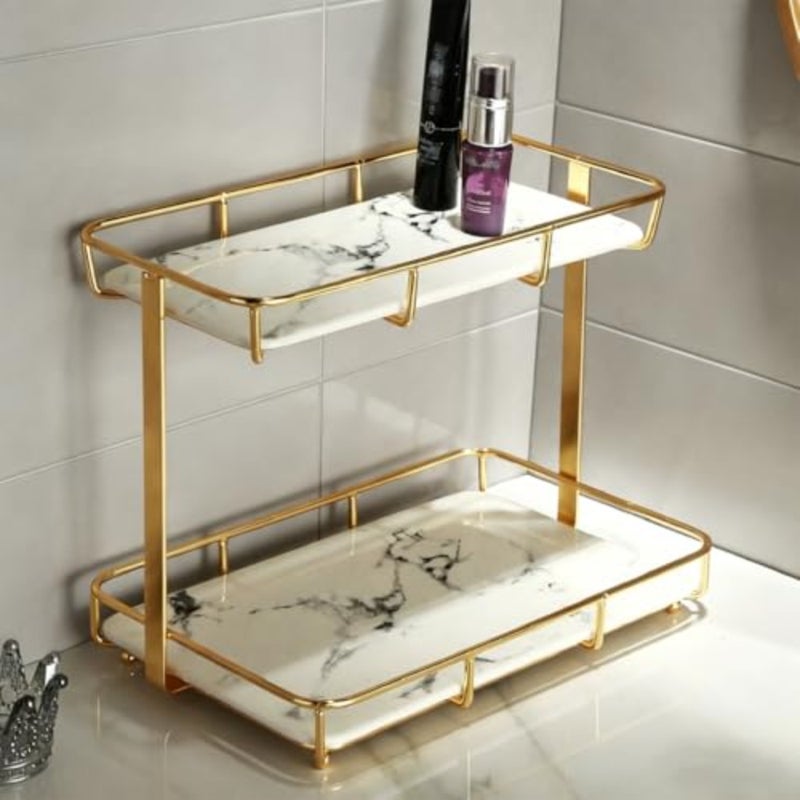 Bathroom Organizer Countertop Perfume Organizer Makeup Organizer Cosmetics Storage Display Rack Vanity Tray Dresser Stainless Steel Gold Shelf White Marble Ceramic Tray - Image 1