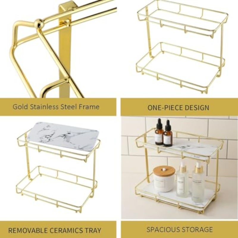 Bathroom Organizer Countertop Perfume Organizer Makeup Organizer Cosmetics Storage Display Rack Vanity Tray Dresser Stainless Steel Gold Shelf White Marble Ceramic Tray - Image 5