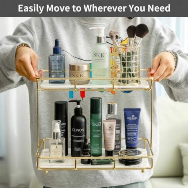 Bathroom Organizer Countertop Perfume Organizer Makeup Organizer Cosmetics Storage Display Rack Vanity Tray Dresser Stainless Steel Gold Shelf White Marble Ceramic Tray - Image 3