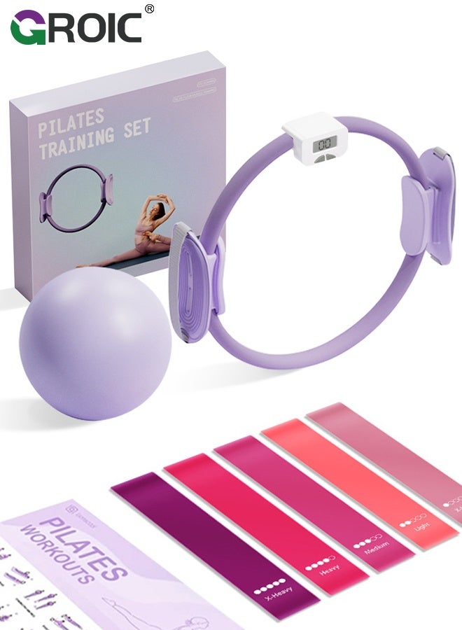 GROIC 8 Pcs Pilates Ring Set, 5 TPE Booty Bands and Mini Ball, Home Fitness Kit, Pilates Circle with Count for Strength, Toning and Flexibility, Women's Pilates Essentials Yoga Kit, Purple - Image 1