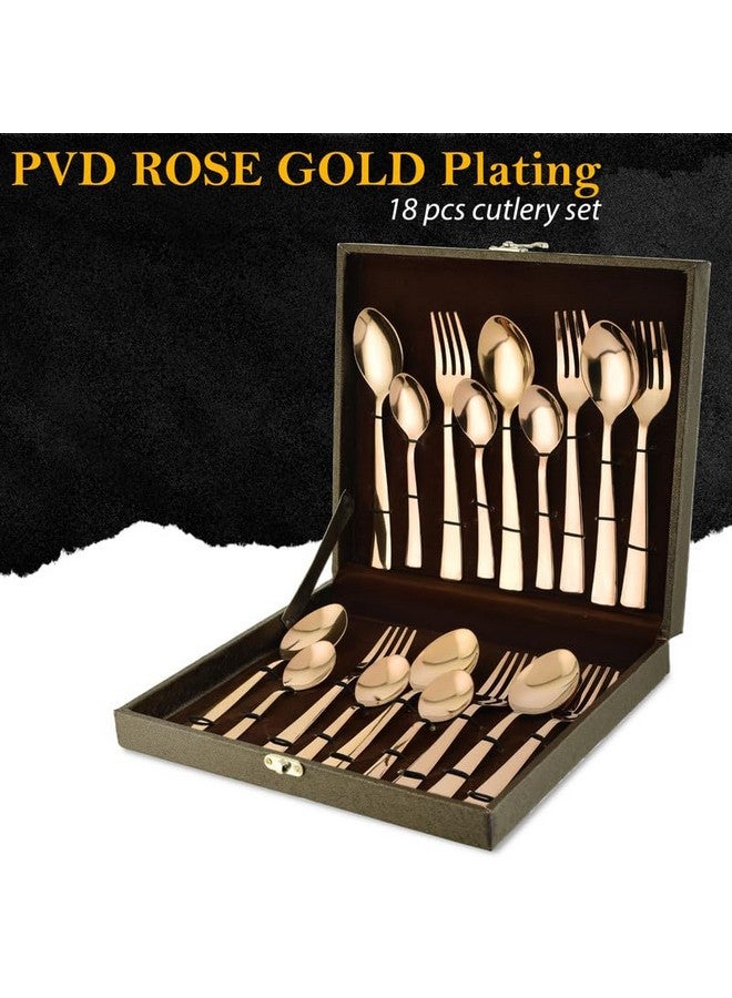 Parage 18 Pieces Premium Stainless Steel Golden Cutlery Set, Home & Kitchen with Gift Box, PVD Rose Gold (6 Pieces Each Table Spoons, Table Forks & Tea Spoons) with Leatherite Box - Image 3