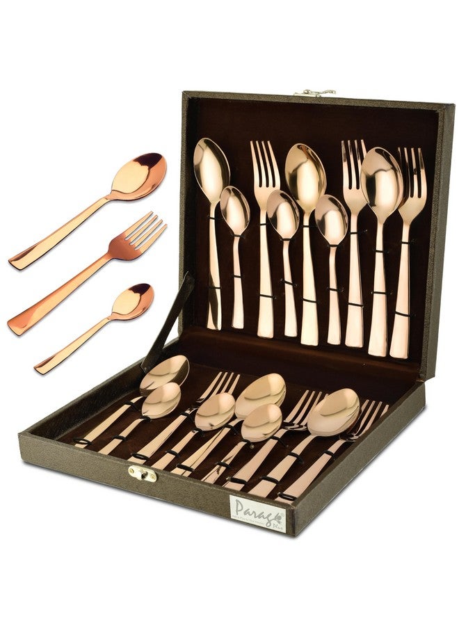 Parage 18 Pieces Premium Stainless Steel Golden Cutlery Set, Home & Kitchen with Gift Box, PVD Rose Gold (6 Pieces Each Table Spoons, Table Forks & Tea Spoons) with Leatherite Box - Image 1